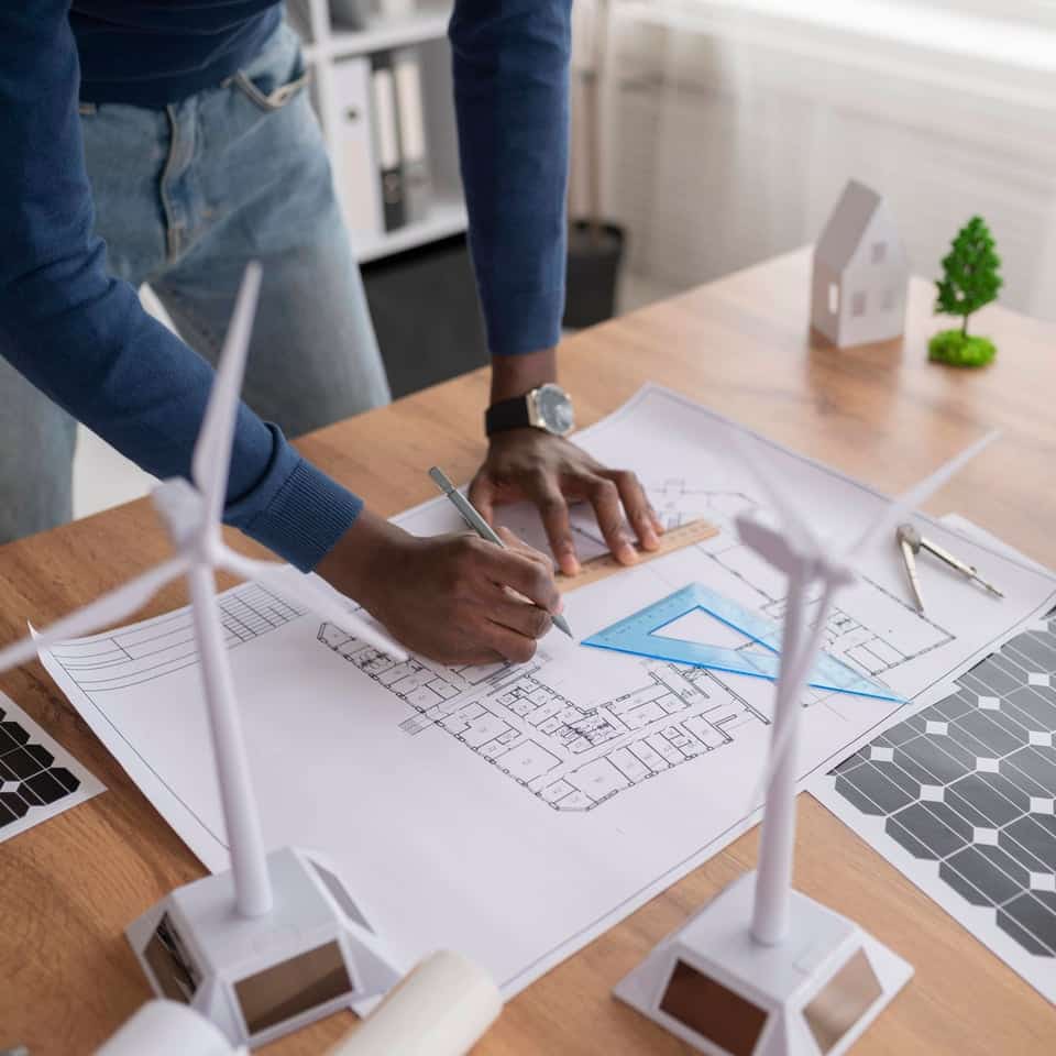 L'image représente un homme montrant un plan de construction avec son crayon. Sur la table, il y a de nombreux objets en lien avec l'environnement comme des éoliennes et des arbres.
